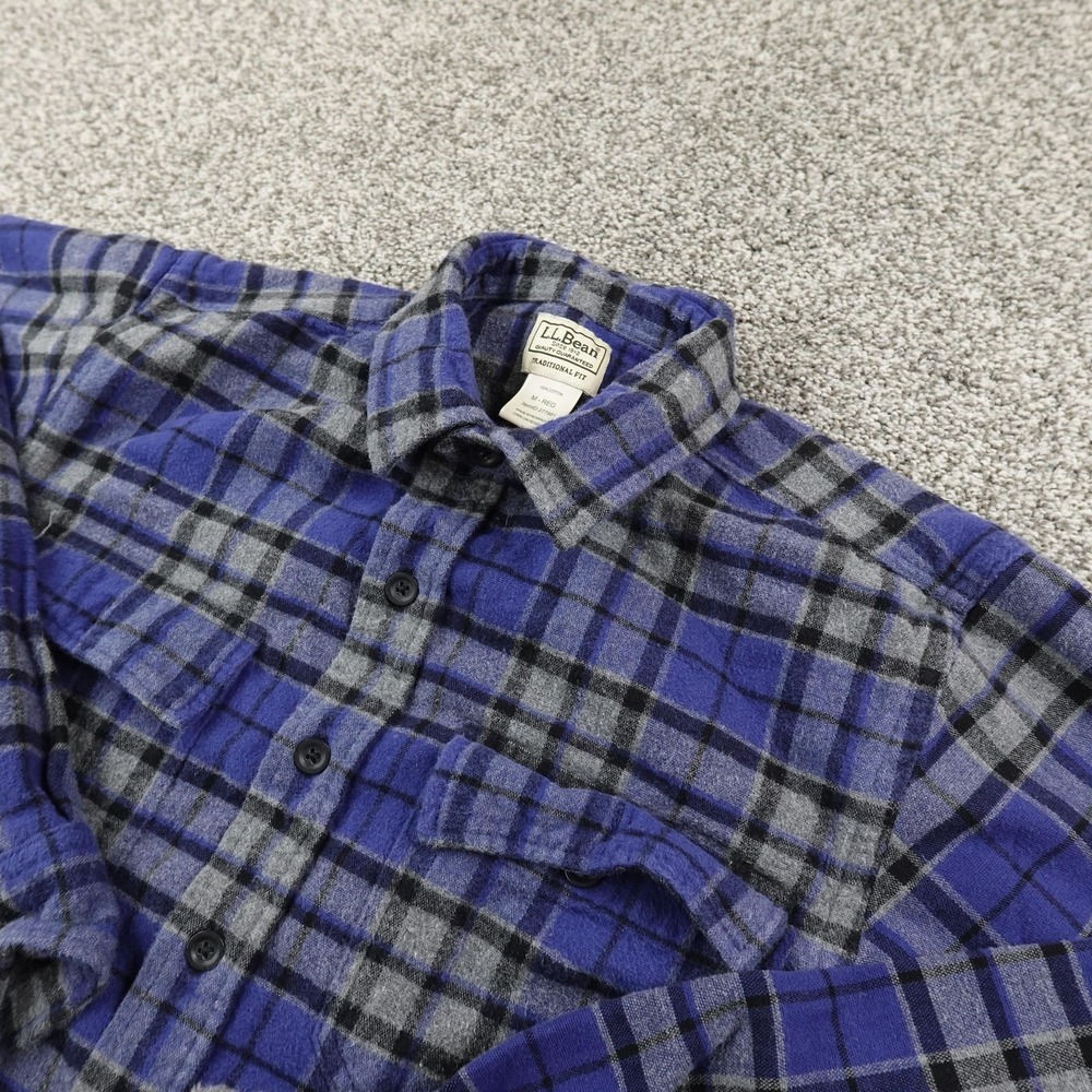 LL Bean Shirt Mens M Blue Gray Chamois Flannel Button Up Long Sleeve Outdoor Top